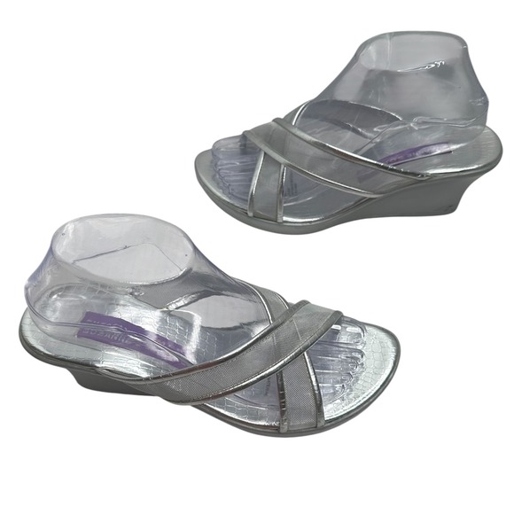 Suzanne‎ Somers VTG Silver Wedge Slip On Sandals 7.5 W Retro Y2K Festival Chic - Picture 1 of 7